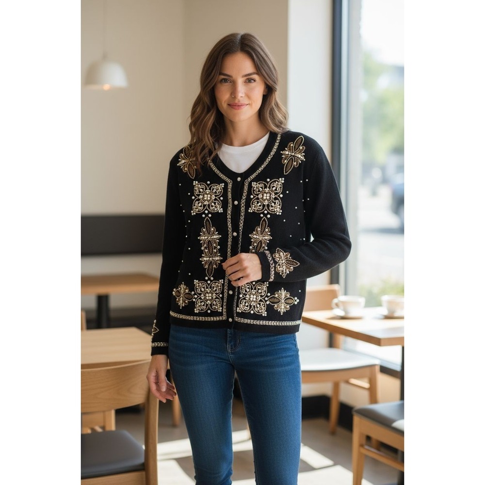 Marisa Christina Classics vintage pearl‎ beaded angora & wool black cardigan L